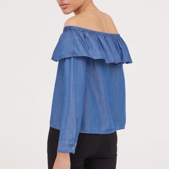 H&M Conscious Blue Ruffle Off-the-Shoulder Blouse Top 2 - Picture 1 of 3